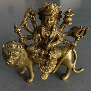 Metal Durga Indian Deity Figure Statue Lion Goddess Protection Altar Prayer